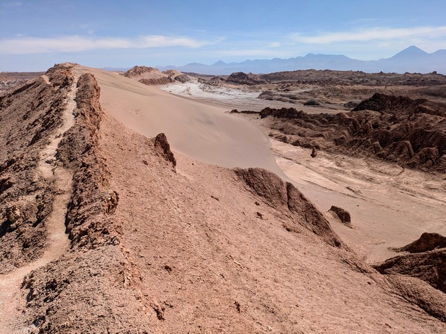 a hiking trail along a ridge that turns into a sand dune with desert landscape all around