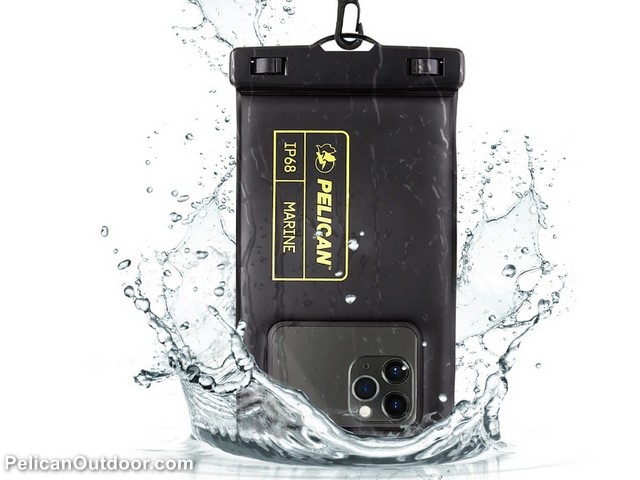 Pelican brand phone case being submerged under water