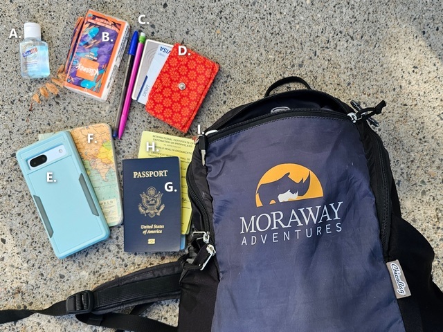 close up of items to pack in carry-on bag for long flight