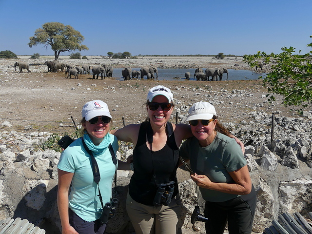 Three women on a luxury safari smile as they stand in front of a waterhole in Etosha National Park Namibia with dozens of elephants splashing about