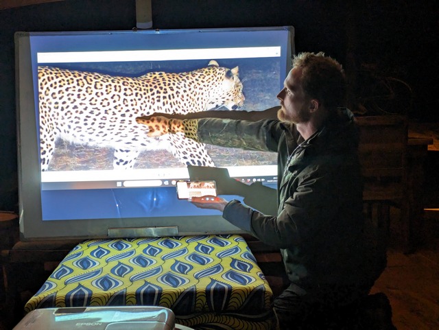 Viewing the results of the camera traps set at Usangu Expedition Camp on a luxury safari in Ruaha National Park Tanzania- a leopard!