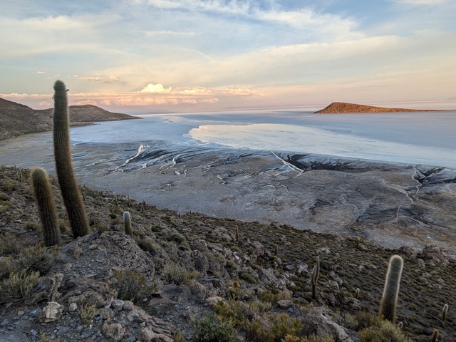 Pastel colors in the sky, clouds, and salt flats at Explora Uyuni Lodge