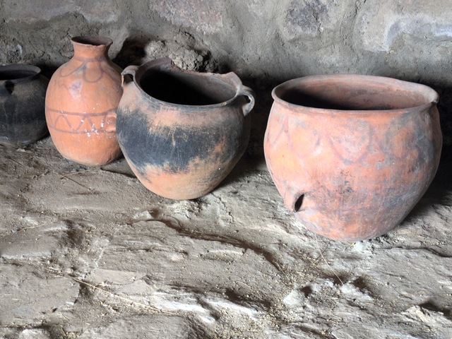 three large intact pottery vessels at pukara ayque ruins
