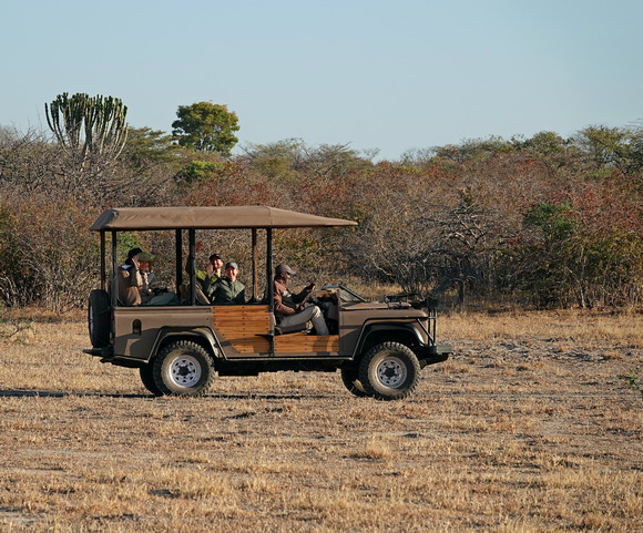Guests on a private game drive at the ultra-exclusive Usangu Expedition Camp in Ruaha National Park Tanzania