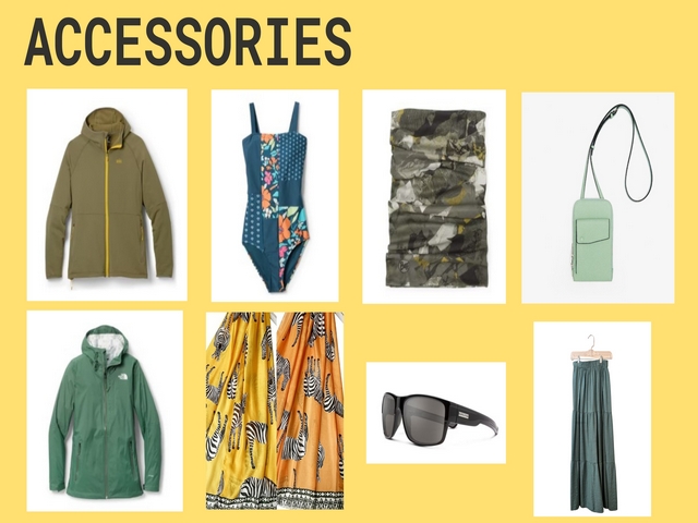 presentation slide showing accessories to pack for adventure travel, including jackets, a swimsuit, a buff, a purse, a scarf, sunglasses, and skirt