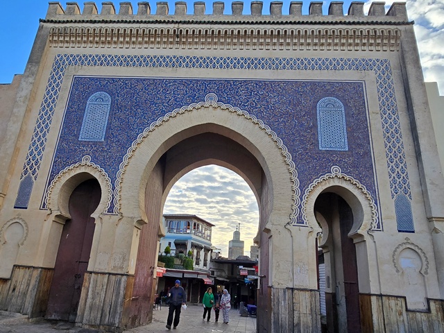 ornately decorated blue gate used to enter the Fes Medina