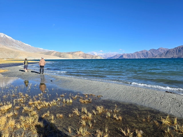 Travelers walking along the shore of Pangong Tso in Ladakh, India, with turquoise waters, snow-capped Himalayan peaks, and the mountains reflecting in the lake.